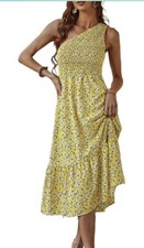 Summer Casual Dress One Shoulder Floral Flowy Boho Beach Midi Dress