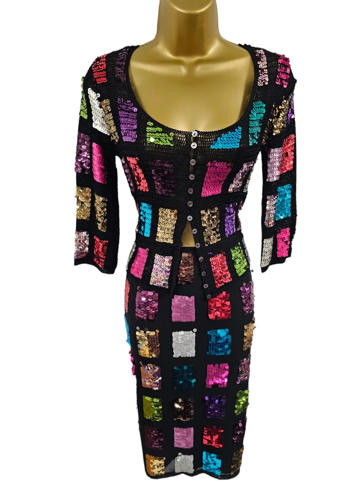 UK 10 Karen Millen Vintage Black Sequin Mesh Pencil Skirt & Crochet Cardigan Set - Image 3 of 4