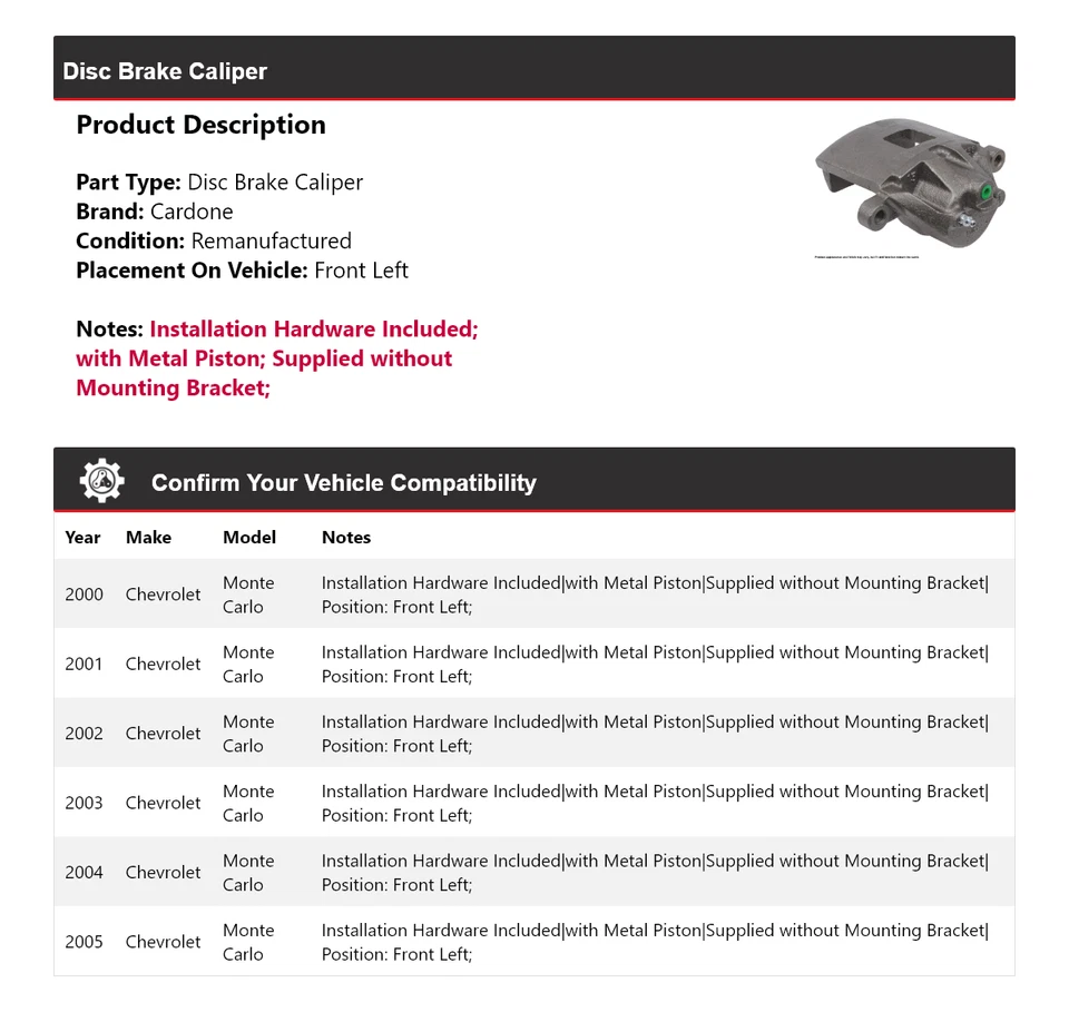 Pinza de freno de disco delantera izquierda cardone 2001 para Chevrolet Monte Carlo 2000-2005 Foto 2 de 4