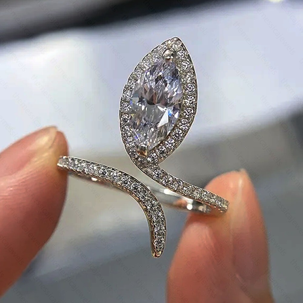 Marquise Moissanite Halo Snake Style Engagement Ring 14K White Gold  Plated