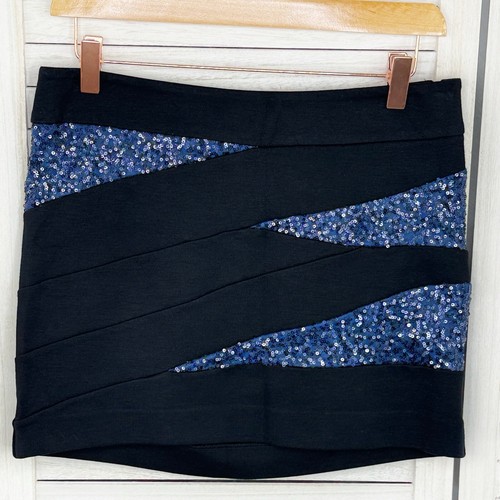 Express Mini Skirt Womens Size 4 Blue Black Knit Sequin Panel Stretch Party