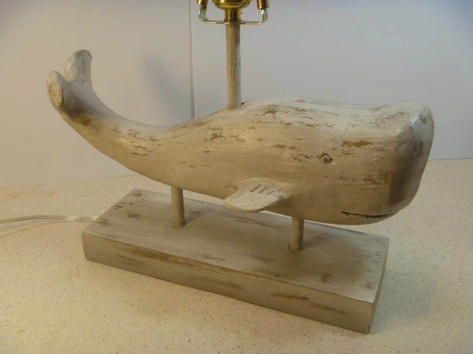Whale Table Lamp Beige Distressed Finish Sea Coastal Nautical Fisherman 16"x21" - Image 3 of 4