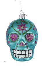Day of The Dead Sugar Skull-Teal/Blue-Glass Christmas Ornament by Kurt Adler