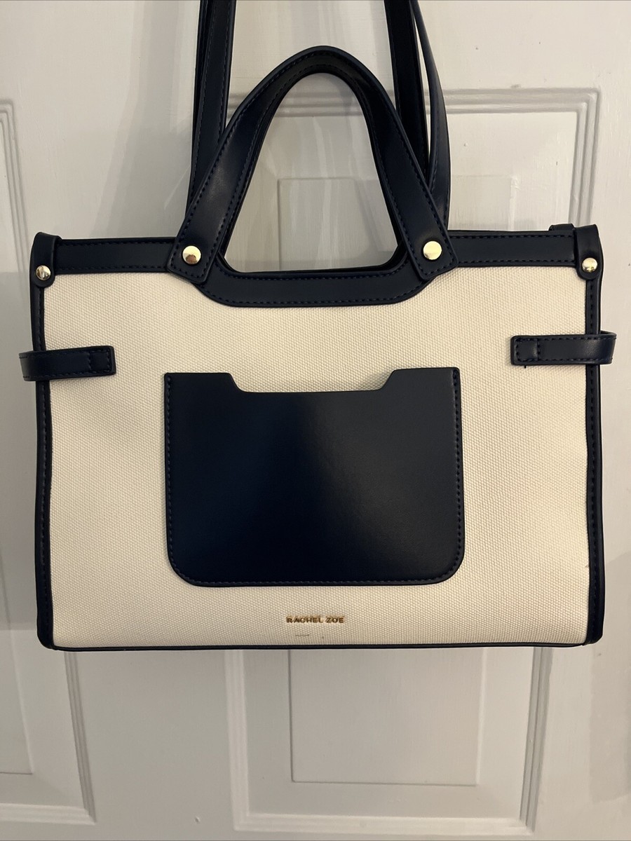 【数回使用】h'eres RENEE TOGGLE CLOSE BAG 501 Rachel Zoe Navy & Biege Double Handle & Longer Strap Medium Purse