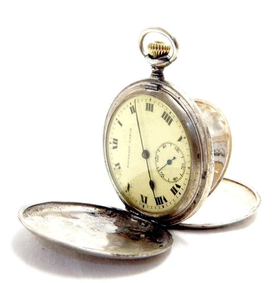 Movimiento Hunte de bolsillo ESCASANY esfera Cyma porcelana plata 52 mm 1910c funcionando Foto 3 de 4