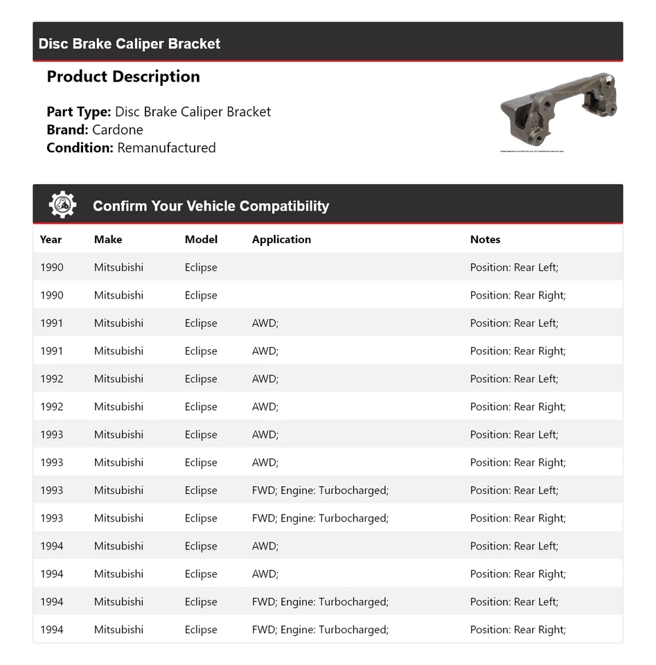 Soporte de pinza de freno de disco Cardone 1991 1992 para Mitsubishi Eclipse 1990-1994 Foto 2 de 4