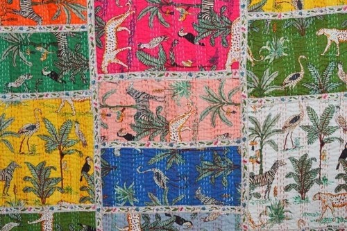 Indian Handmade Kantha Quilt Throw Jungle Print Cotton Bedspread Bedding Blanket - Picture 7 of 8