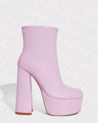 Pink Patent Leather Platform Block Heel Ankle Boots with Zipper Closed Toe