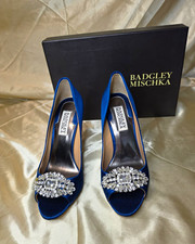 Badgley Mischka Blue Satin Peep Toe Rhinestone Pump Slip On Heels US 5.5 M