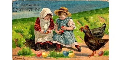 1911 Easter Postcard: Children Chickens LaPorte Co IN Hello Jennie Mailick