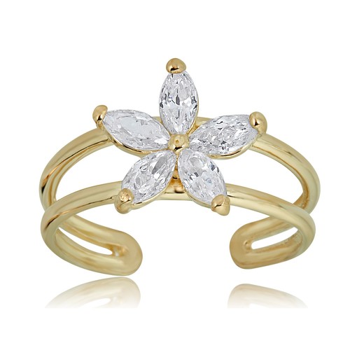 AVORA 10K Yellow Gold Adjustable Two Row and Flower Toe Ring with Cubic Zirconia