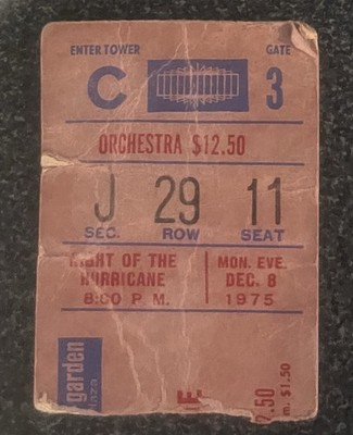 Vintage Bob Dylan Night Of The Hurricane Ticket Stub 12/8/75 - FREE US SHIPPING
