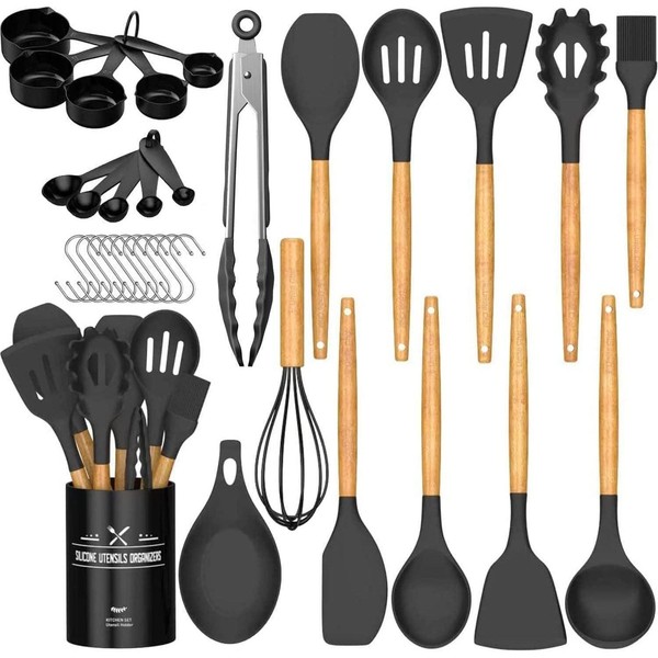 24-Teiliges KüChenutensilien-Set Schwarz Silikon Holzgriff Antihaftbeschichtet-image
