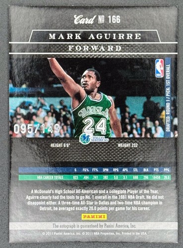 MARK AGUIERRE /149 AUTO 2011 Panini Black Box #166 Mavericks Pistons Clippers - Picture 2 of 2