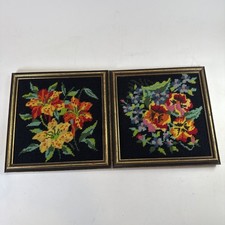Cross Stitch Framed Floral Pictures Handmade Flowers Decor Cottage Core