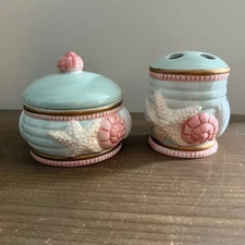 Vintage 80s Sharry Holiday Ceramic Seashell tooth brush holder & covered dish