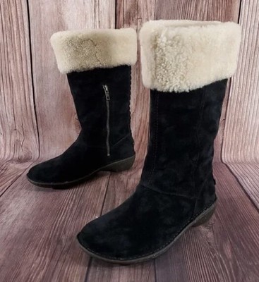 UGG Boots Women Size 6 Shoes Tall Black Suede Sheepskin Fur Karyn Cuff 1005449