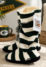 Original MUK LUKS Gameday Boot Slippers Green White Stripe Knit Women s L 9-10