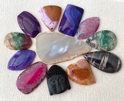 Stone Pendant Lot of 12  Obsidian, Onyx Agate, Veins Agate  (#12A)
