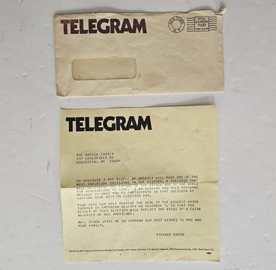 Richard M Nixon 1972 Campaign Fundraising Telegram Election Letter & Envelope