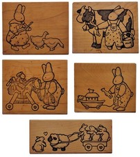 Vintage 1988 Daisy Kingdom Rubber Stamp Set Wood-Mounted Bunny Farm Animals