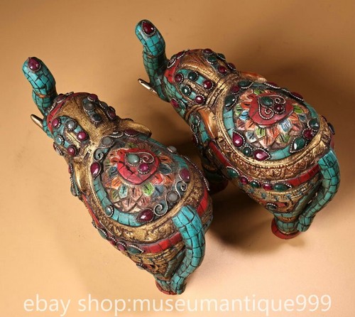 8" Old Tibet Bronze Inlay Turquoise Gems Dynasty Animal Elephant Statue Pair - 第 6/9 張圖片