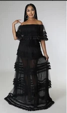 San Joy Maxi Dress sheer & lace off the shoulder Women’s size medium