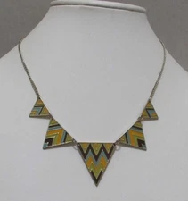 ZAD Brown Orange Turquoise Enamel Triangles Gold Tone Statement Necklace