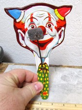 vintage noise maker tin litho toy, Clown artwork, great graphics US Metal Toy co