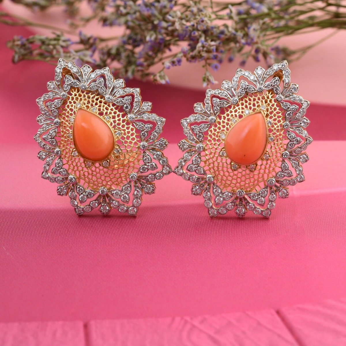 Tcw Natural Coral Gemstone H/SI Diamond Stud Earrings 18k Two