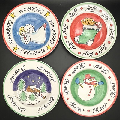 Eddie Bauer Hand Painted Christmas Luncheon Plates 4pc Set Made in China 