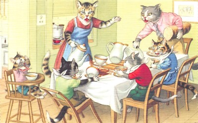ALFRED MAINZER ALTE POSTKARTE KATZEN KÄTZCHEN VERSCHÜTTET TEE