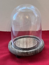 VTG CLEAR GLASS 7  DOME ON ROUND WOOD FOOTED BASE COLLECTIBLE DISPLAY - Chips
