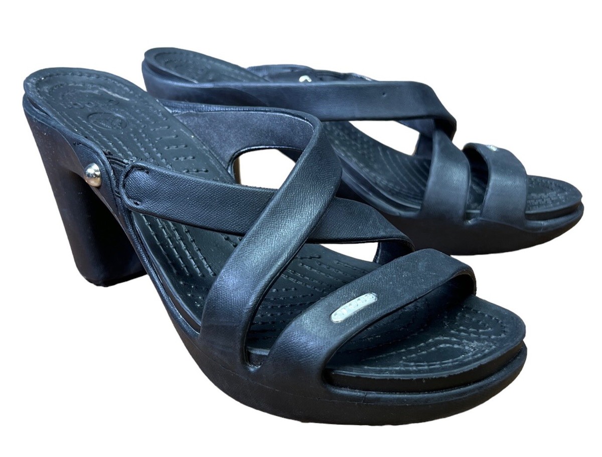 Crocs Cyprus IV Black Strappy Peep Toe Comfort High Heeled Sandals Wedges W 