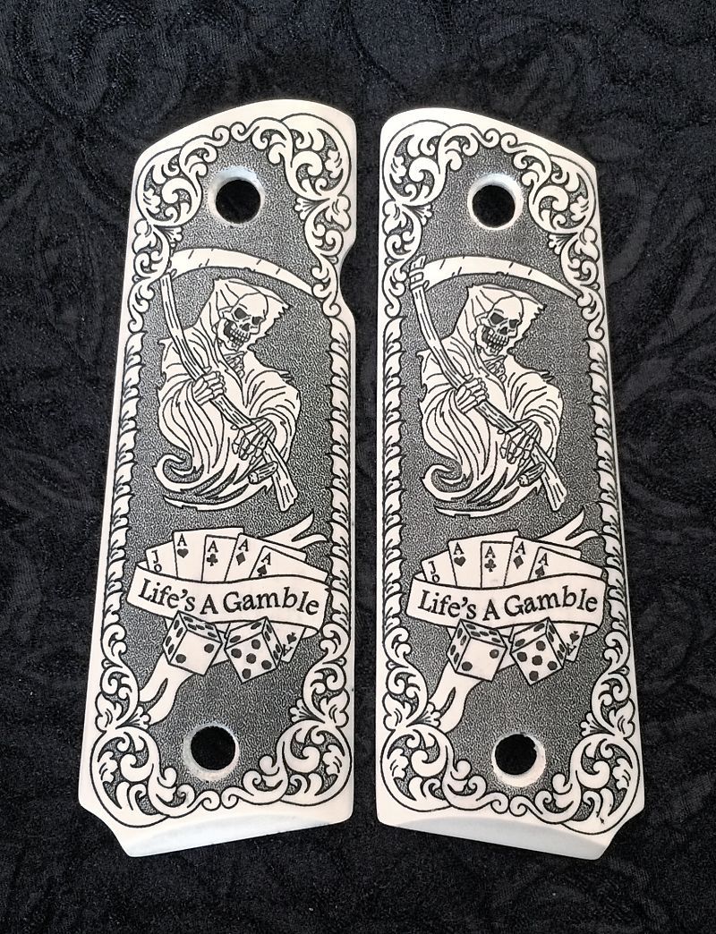 Colt 1911 custom ivory scrimshaw grips Grim Reaper Skull Cards