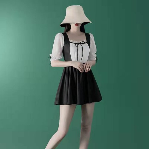 Women Puff Sleeves Lacing Swimdress Color Matching Swimsuit Slim Bathing Suit - Picture 14 of 14