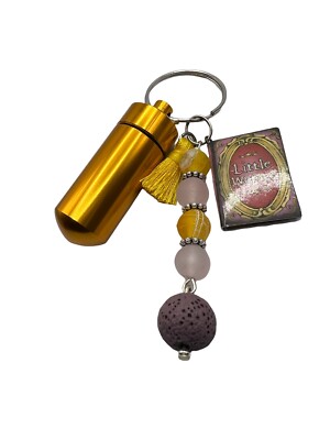 Unique!! Keychain (or ID Holder) with YELLOW Pill Case, Lava Bead & Book Charm