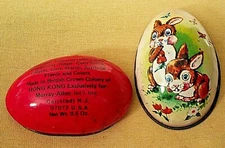 MURRAY ALLEN TIN EASTER BUNNY EGG 2 PC VINTAGE HONG KONG EMPTY LITHO EASTER.