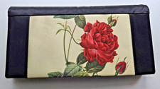 Vintage 1950s Black Satin Clutch Rose Botanical Art Evening Bag Elegant Pristine