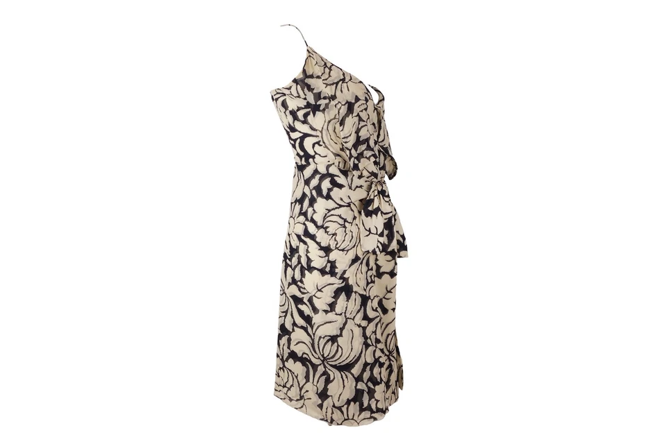 Valentino S/S 2001 Summer Floral Print Dress Beige Black Silk Size 10 M Vintage - Image 4 of 4