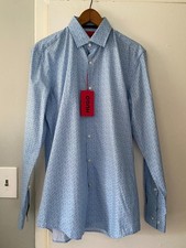 NEW HUGO BOSS Koey Blue Dress Shirt Lightweight Geo Print Slim Fit 15.5 39
