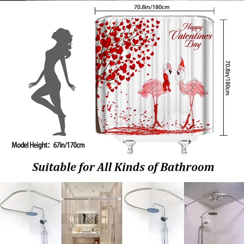 Cortina de Ducha San Valentín Corazones Flamencos Rosa Decoración Romántica con Ganchos Foto 4 de 4