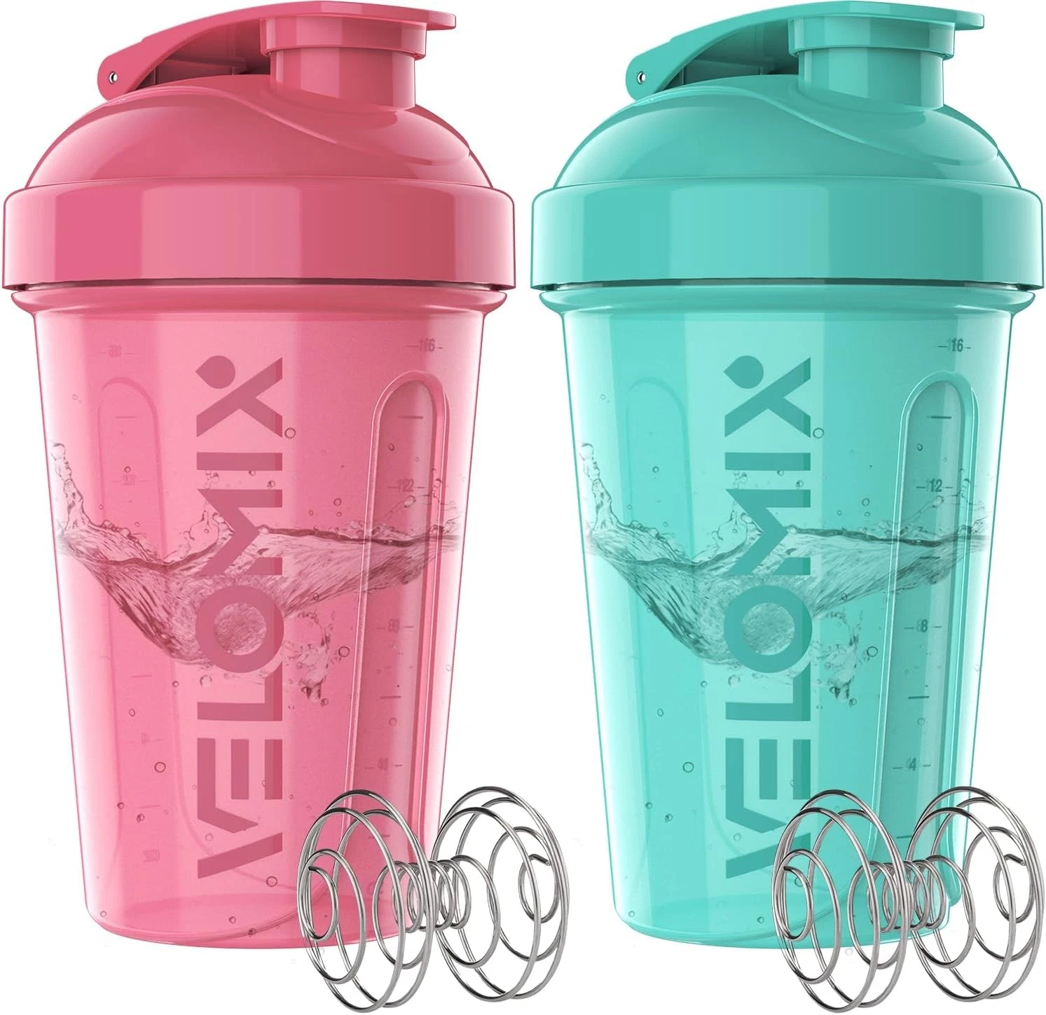 VELOMIX -2 Pack- 20 oz Protein Shaker Bottles for A2) Pink / Turquoise