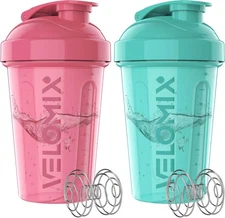 VELOMIX -2 Pack- 20 oz Protein Shaker Bottles for A2) Pink / Turquoise 