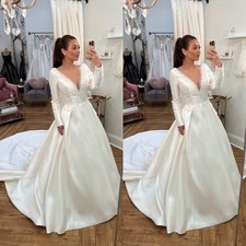 Elegant Wedding Dresses V Neck Beading Satin A Line Sweep Train Bridal Gown