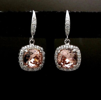 2Ct Cushion LabCreated Morganite Dangle/Drop Earring 14K White Gold Plated