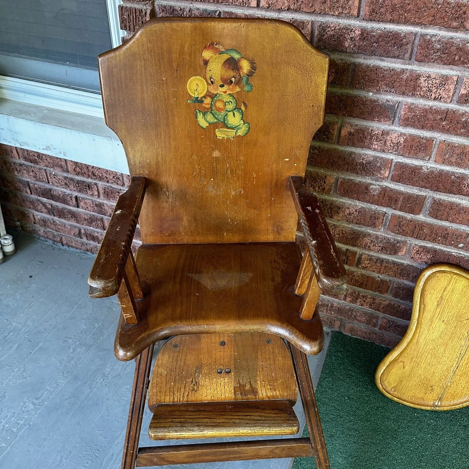 Silla alta de madera vintage Lehman Babyguard oso calcomanía EE. UU. silla infantil Foto 2 de 4