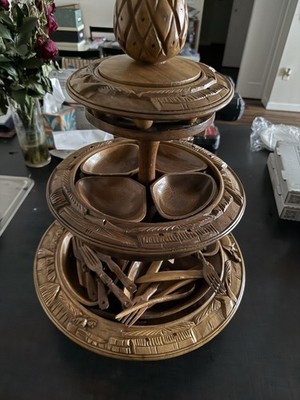 Vintage Hand Carved Monkey Pod Wood 3 Tier Lazy Susan Serving Set