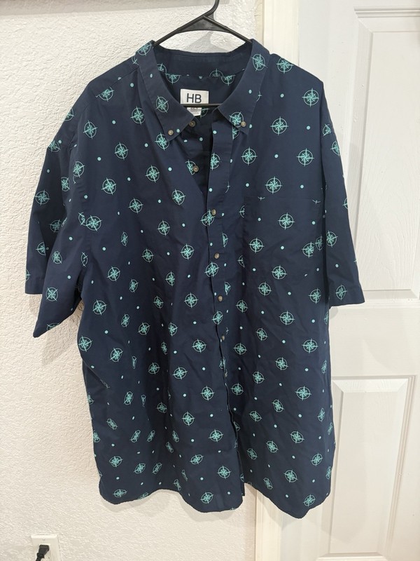 HB Men’s 4XLT Big & Tall Navy/Teal Geometric Short Sleeve Point Collar Button-Up