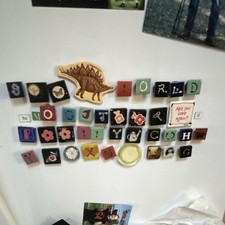 70’s Letter Tiles Refrigerator Magnets w Dinosaur & Misc